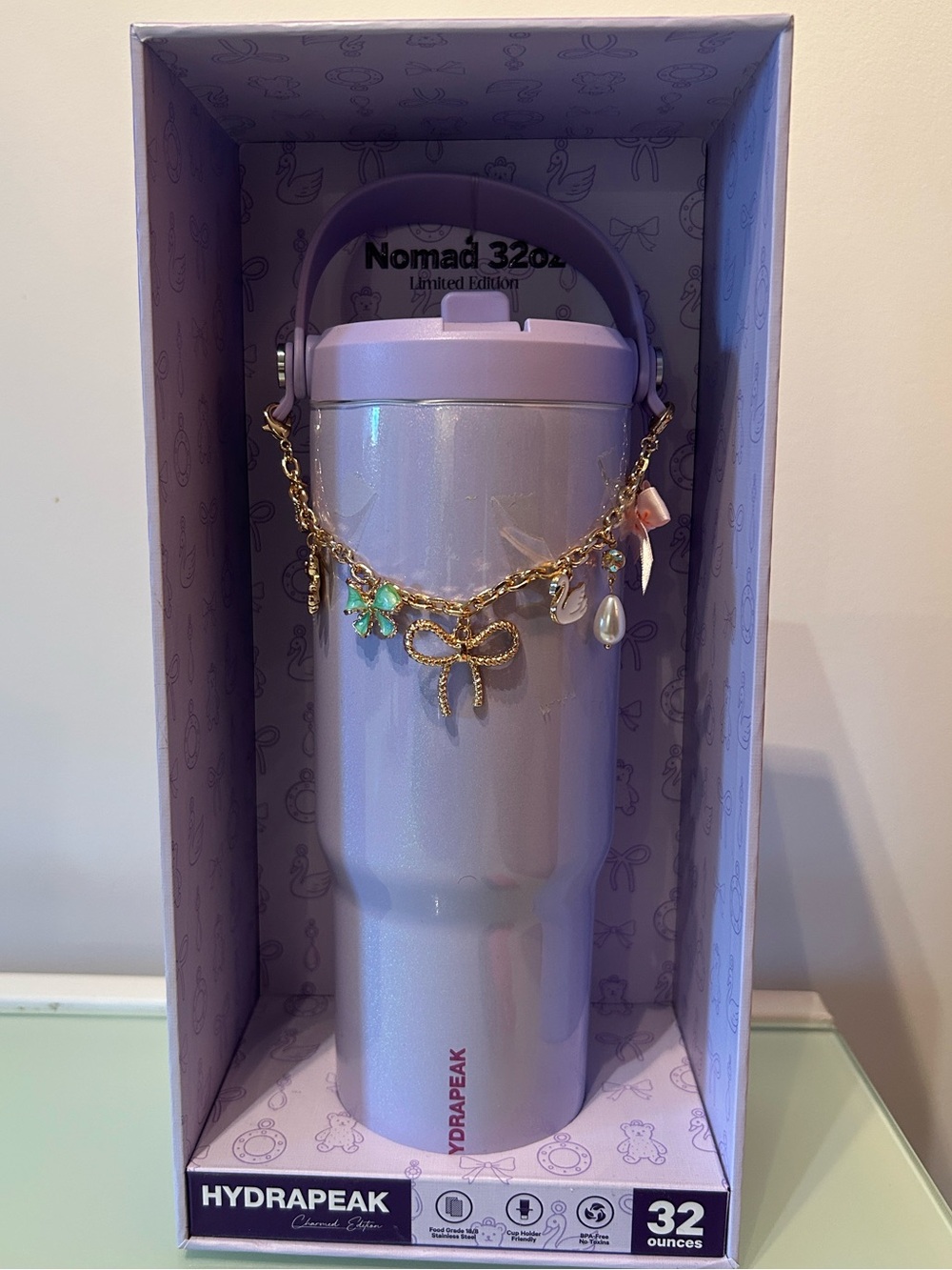 HydraPeak Lavender Charm Bracelet Tumbler with Gold Bow Accent